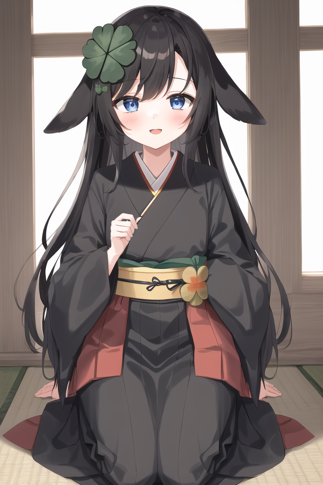 30372-208361270-1girl, Kiki, four-leaf clover (hairclip_1.1), (ears_1.2), japanese armor, samurai, black clothing, red accent, kneeling, focused.png